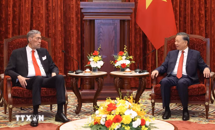 Tổng Bí thư, Chủ tịch nước Tô Lâm tiếp đồng chí Miguel Mejia, Tổng Bí thư Đảng Phong trào Cánh tả Thống nhất (MIU), Bộ trưởng Bộ Chính sách Hội nhập Khu vực của Cộng hòa Dominica. (Ảnh: Thống Nhất/TTXVN)