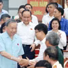 Tổng Bí thư Tô Lâm cùng các thành viên Đoàn đại biểu Quốc hội thành phố Hà Nội, đơn vị bầu cử số 10 tiếp xúc cử tri 9 xã. (Ảnh: Thống Nhất/TTXVN)