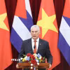 Bí thư thứ Nhất Đảng Cộng sản Cuba, Chủ tịch nước Cuba Miguel Díaz-Canel Bermúdez phát biểu tại Lễ kỷ niệm 65 năm thiết lập quan hệ ngoại giao Việt Nam-Cuba, ngày 1/9/2025. (Ảnh: Thống Nhất/TTXVN)