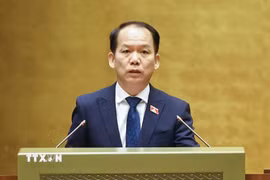 Bộ trưởng Tư pháp Hoàng Thanh Tùng, thừa ủy quyền của Thủ tướng Chính phủ trình bày Tờ trình về 4 dự án Luật sửa đổi, bổ sung một số điều của Luật Trợ giúp pháp lý. (Ảnh: Doãn Tấn - TTXVN)