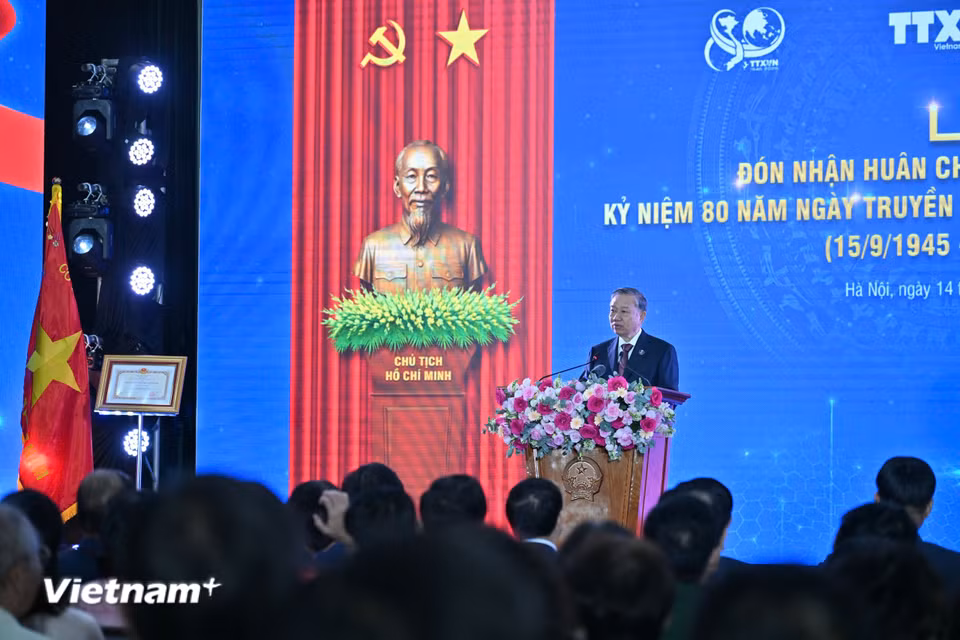 Tổng Bí thư Tô Lâm phát biểu tại lễ kỷ niệm 80 năm thành lập TTXVN. (Ảnh: Minh Sơn/Vietnam+)