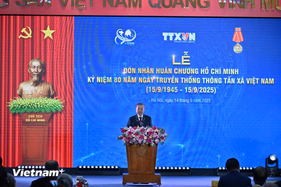Tổng Bí thư Tô Lâm phát biểu tại lễ kỷ niệm 80 năm thành lập TTXVN. (Ảnh: Minh Sơn/Vietnam+)