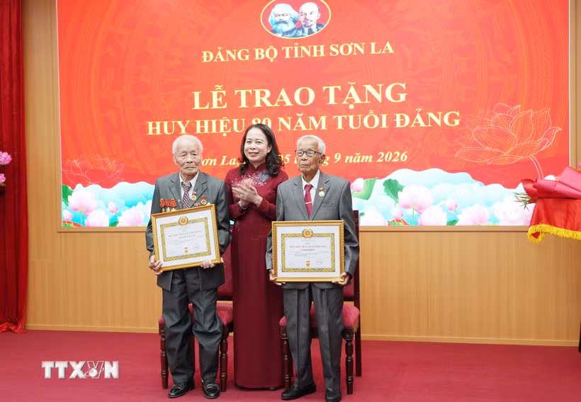 Phó Chủ tịch nước Võ Thị Ánh Xuân trao tặng Huy hiệu 80 năm tuổi Đảng cho các đảng viên Sa Đình Bình (bên phải) và Nguyễn Văn Tân (bên trái). (Ảnh: Nguyễn Cường/TTXVN)