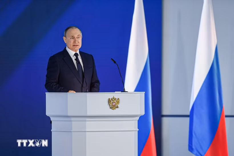 Tổng thống Nga Vladimir Putin phát biểu tại Thủ đô Moskva. (Ảnh: THX/TTXVN)