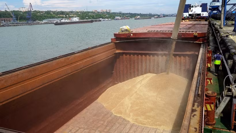 Chuyển ngũ cốc lên tàu tại cảng Rostov-on-Don (Nga). (Ảnh: AFP/TTXVN)