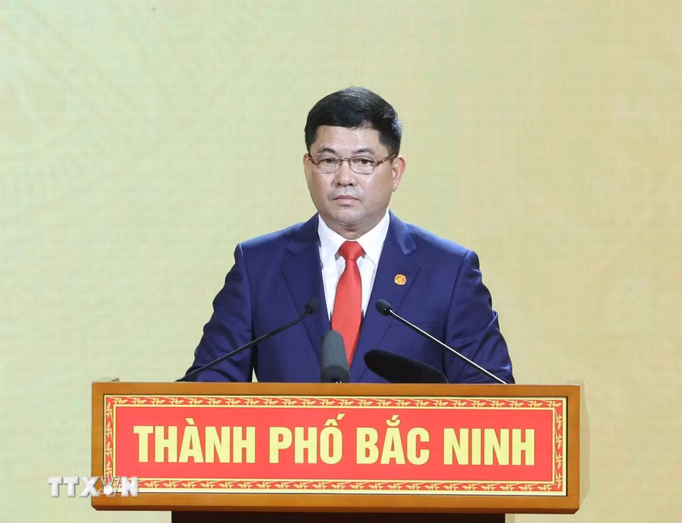 Đồng chí Nguyễn Hồng Thái, Ủy viên Trung ương Đảng, Bí thư Thành ủy Bắc Ninh phát biểu. (Ảnh: Thống Nhất/TTXVN)