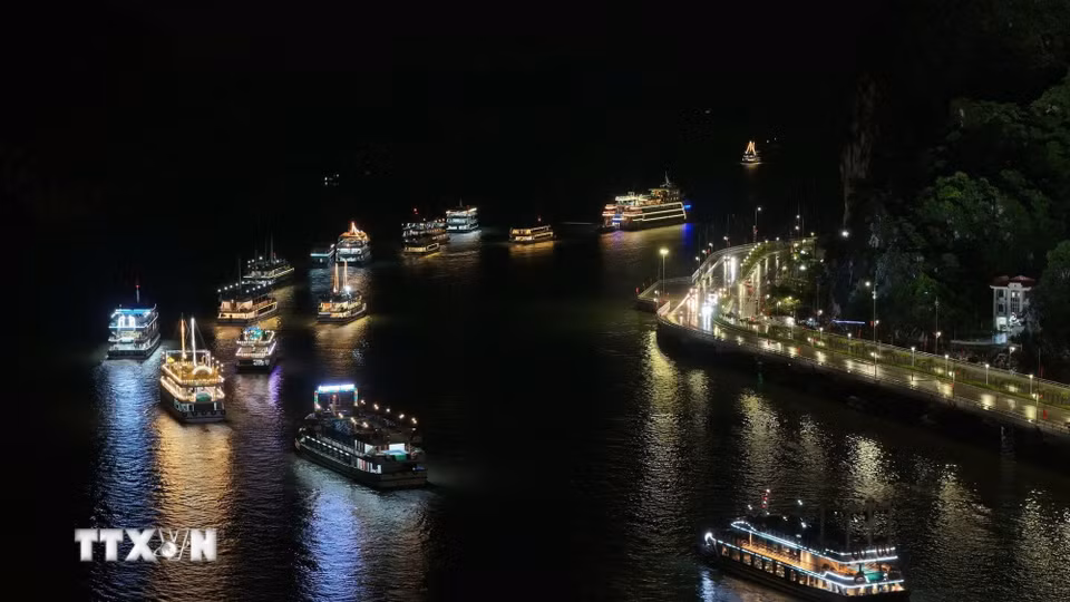 Đội hình 72 tàu du lịch lung linh ánh đèn di chuyển qua khu vực Cảng tàu khách quốc tế Hạ Long, tạo nên bức tranh nghệ thuật đêm rực rỡ. (Ảnh: Thanh Vân/TTXVN)