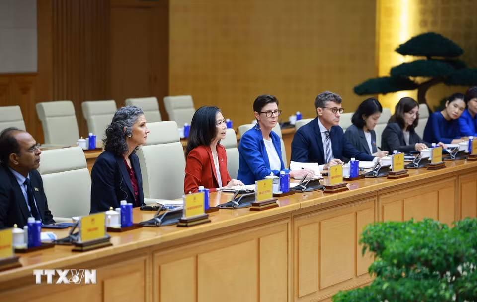 Bà Pauline Tamesis, Điều phối viên Thường trú Liên hợp quốc tại Việt Nam và Trưởng đại diện các tổ chức Liên hợp quốc tại Việt Nam tham dự buổi tiếp. (Ảnh: Dương Giang/TTXVN)
