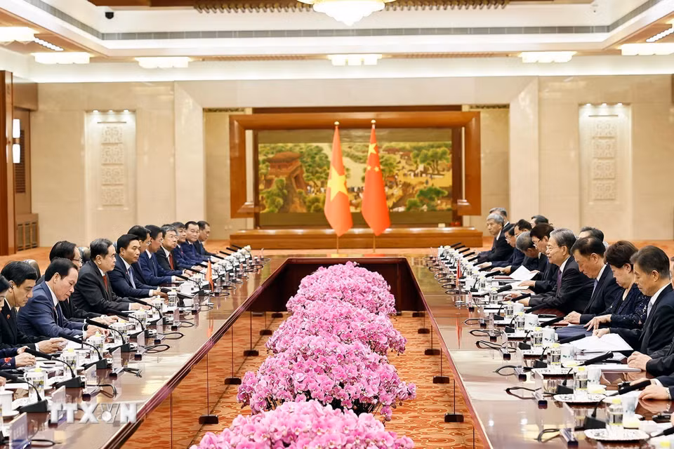 Chủ tịch Quốc hội Trần Thanh Mẫn hội đàm với Ủy viên trưởng Ủy ban thường vụ Đại hội Đại biểu Nhân dân toàn quốc Trung Quốc Triệu Lạc Tế và đồng chủ trì Phiên họp lần thứ 2 Ủy ban hợp tác giữa Quốc hội Việt Nam và Nhân đại toàn quốc Trung Quốc. (Ảnh: Doãn Tấn/TTXVN)