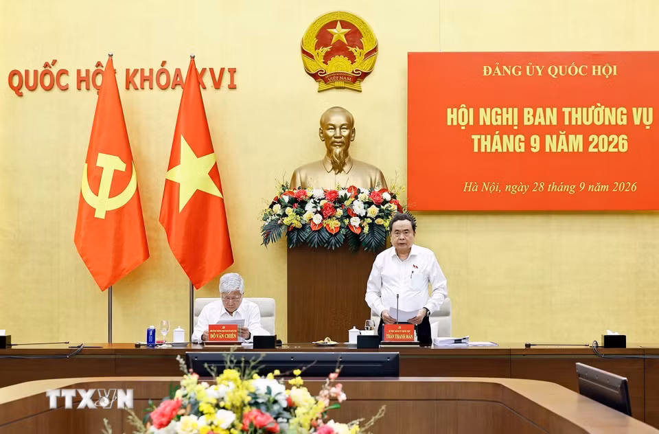 Ủy viên Bộ Chính trị, Bí thư Đảng ủy Quốc hội, Chủ tịch Quốc hội Trần Thanh Mẫn phát biểu. (Ảnh: Doãn Tấn/TTXVN)