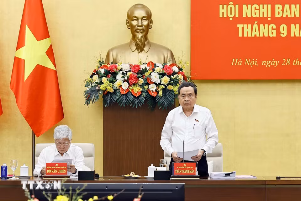 Ủy viên Bộ Chính trị, Bí thư Đảng ủy Quốc hội, Chủ tịch Quốc hội Trần Thanh Mẫn phát biểu. (Ảnh: Doãn Tấn/TTXVN)