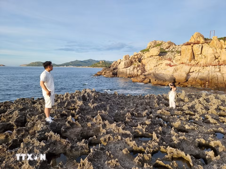 Du khách lưu lại những bức ảnh đẹp chụp tại Hang Rái lúc bình minh. (Ảnh: Nguyễn Thành/TTXVN)