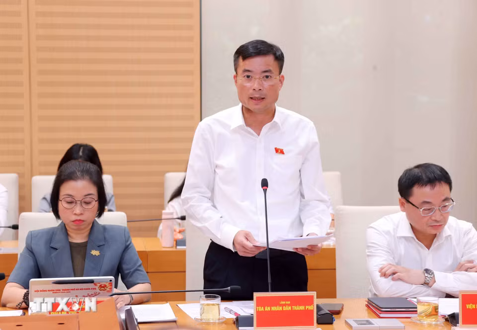 Chánh án Tòa án Nhân dân thành phố Hà Nội Nguyễn Xuân Kỳ phát biểu. (Ảnh: Văn Điệp/TTXVN)