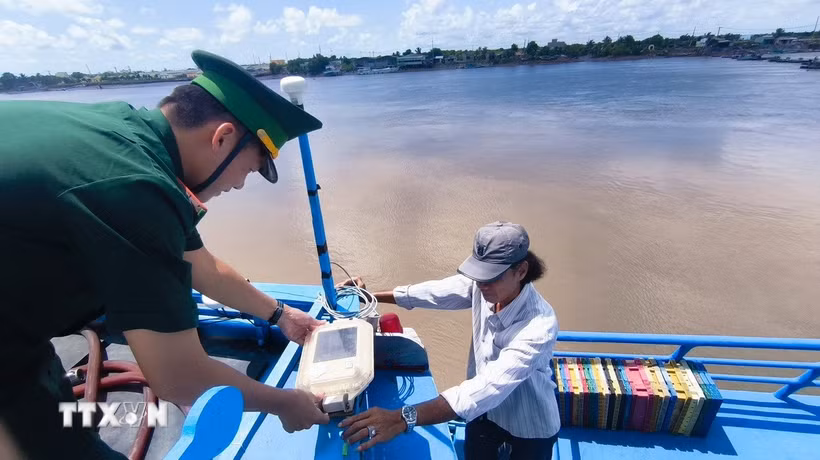 Thiếu tá Phan Minh Vương, Trạm trưởng Trạm Kiểm soát Biên phòng Gành Hào (Bộ đội Biên phòng tỉnh Cà Mau), cùng ngư dân kiểm tra tín hiệu hệ thống VMS trên tàu của ngư dân, đảm bảo hoạt động hiệu quả và ổn định. (Ảnh: Chanh Đa/TTXVN)