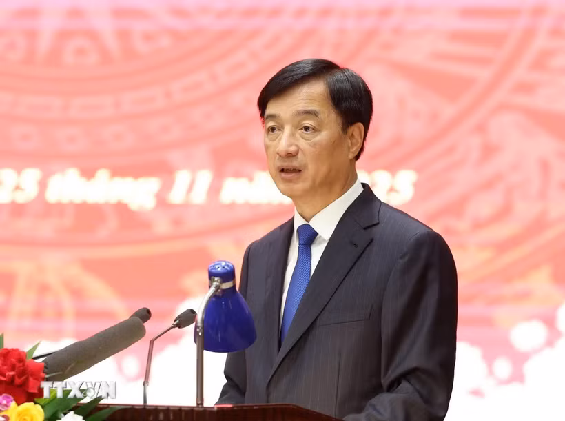 Ủy viên Bộ Chính trị, Bí thư Thành ủy Hà Nội Nguyễn Duy Ngọc phát biểu tại hội nghị. (Ảnh: Vũ Quang/TTXVN)