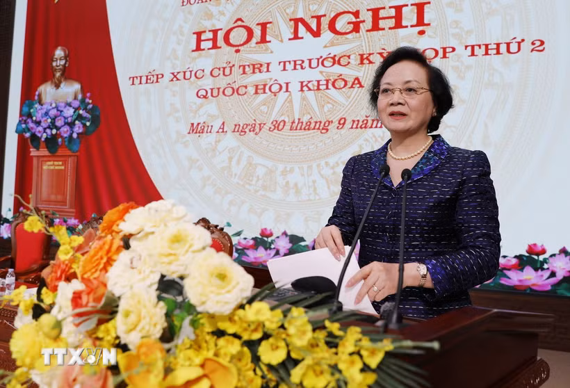 Bí thư Trung ương Đảng, Phó Thủ tướng Chính phủ Phạm Thị Thanh Trà phát biểu tiếp thu ý kiến cử tri tại Hội nghị. (Ảnh: Tuấn Anh/TTXVN)