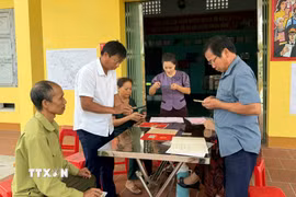 Cán bộ hướng dẫn người dân cung cấp thông tin, hồ sơ phục vụ cập nhật dữ liệu đất đai. (Ảnh: Đồng Thúy/TTXVN)