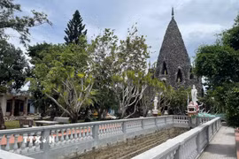 Tháp Bảo Tích được tạo dựng từ đá san hô, vỏ ốc và vỏ sò ở chùa Từ Vân. (Ảnh: Đặng Tuấn/TTXVN)
