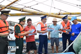 Lực lượng chức năng tuyên truyền về công tác chống khai thác IUU cho ngư dân tại Thành phố Hồ Chí Minh. (Ảnh: Hoàng Nhị/TTXVN)