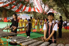 Em Nguyễn Minh Lâm, học sinh lớp 9, Trường Tiểu học-Trung học cơ sở Lộc Thành, xã Lộc Thành, cùng đội biểu diễn đánh đàn đá tại một sự kiện ở địa phương. (Ảnh: K GỬIH/TTXVN)