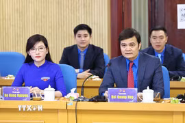Đồng chí Bùi Quang Huy, Ủy viên Ban Chấp hành Trung ương Đảng, Phó Chủ tịch Ủy ban Trung ương Mặt trận Tổ quốc Việt Nam, Bí thư thứ nhất Ban Chấp hành Trung ương Đoàn Thanh niên Cộng sản Hồ Chí Minh phát biểu. (Ảnh: Minh Đức/TTXVN)
