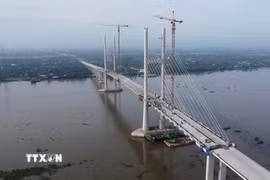 Dự án đầu tư xây dựng cầu Rạch Miễu 2 hoàn thành trên 96% khối lượng. (Ảnh: Công Trí/TTXVN)
