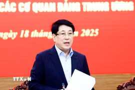 Ủy viên Bộ Chính trị, Chủ tịch nước Lương Cường, Trưởng Đoàn kiểm tra số 1907 phát biểu chỉ đạo. (Ảnh: Lâm Khánh/TTXVN)