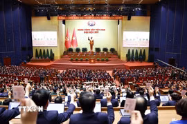 Đại biểu biểu quyết thông qua Nghị quyết Đại hội XIV của Đảng. (Ảnh: TTXVN)