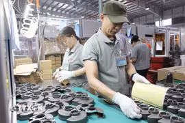 Công nhân Công ty TNHH Keystone Electrical Việt Nam (doanh nghiệp đến từ Trung Quốc, đặt tại Khu công nghiệp Liên Hà Thái, tỉnh Hưng Yên) sản xuất các sản phẩm. (Ảnh: Thế Duyệt/TTXVN)