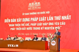 Chủ tịch Quốc hội Trần Thanh Mẫn phát biểu khai mạc và chỉ đạo Diễn đàn xây dựng pháp luật lần thứ nhất với chủ đề “Hoàn thiện thể chế, pháp luật đáp ứng yêu cầu phát triển đất nước trong kỷ nguyên mới.” (Ảnh: Doãn Tấn/TTXVN)