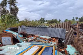 Mưa giông gây ra trên địa bàn huyện U Minh làm thiệt hại 18 căn nhà, trong đó 6 căn bị sập hoàn toàn. (Ảnh: TTXVN phát)
