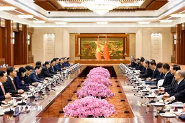 Chủ tịch Quốc hội Trần Thanh Mẫn hội đàm với Ủy viên trưởng Ủy ban thường vụ Đại hội Đại biểu Nhân dân toàn quốc Trung Quốc Triệu Lạc Tế và đồng chủ trì Phiên họp lần thứ 2 Ủy ban hợp tác giữa Quốc hội Việt Nam và Nhân đại toàn quốc Trung Quốc. (Ảnh: Doãn Tấn/TTXVN)
