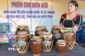 Sản phẩm rượu cần của thị xã Ayun Pa (Gia Lai) lần đầu tiên tham gia phiên chợ biên giới Việt Nam-Campuchia tại Cửa khẩu Quốc tế Lệ Thanh, huyện Đức Cơ. (Ảnh: Hoài Nam/TTXVN)
