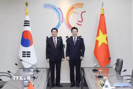 Chủ tịch nước Lương Cường hội đàm với Tổng thống Hàn Quốc Lee Jae Myung. (Ảnh: Lâm Khánh/TTXVN)