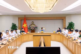 Quang cảnh cuộc họp về các dự án hợp tác Việt Nam-Lào. (Ảnh: Phạm Kiên/TTXVN)