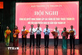 Thường trực Thành ủy Đà Nẵng trao quyết định về thành lập các Đảng bộ trực thuộc Thành ủy; quyết định đổi tên Ban Tuyên giáo và Dân vận Thành ủy và các nhân sự chủ chốt được chỉ định. (Ảnh: Anh Dũng/TTXVN)