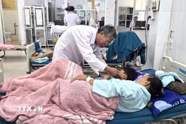 Trước số lượng bệnh nhân nhập viện liên tục, Bệnh viện Đa khoa khu vực Cam Lộ (Quảng Trị) đã huy động nhân lực tại các khoa, phòng để thăm khám, phân loại và điều trị. (Ảnh: TTXVN phát)