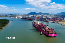 Tàu ONE EAGLE thuộc tuyến dịch vụ mới do Liên minh Premier khai thác tại Cảng Quốc tế Tân Cảng-Cái Mép. (Ảnh: TTXVN phát)