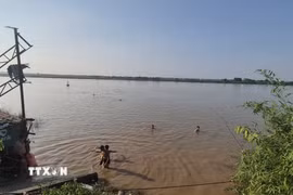 Chỉ vài chục mét sau biển cảnh báo nguy hiểm, nhiều người vẫn vô tư tắm ở bãi tắm tự phát bên bờ sông Hồng, đoạn qua phường Phú Thượng. (Ảnh: Nguyễn Thắng/TTXVN)
