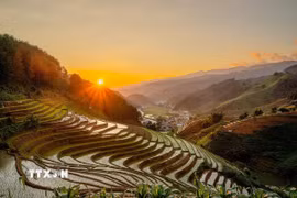 Vẻ đẹp của những thửa ruộng bậc thang ở xã Mồ Dề (huyện Mù Cang Chải, tỉnh Yên Bái). (Ảnh: Khánh Hòa/TTXVN)