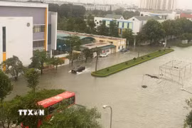 Khu vực Trường liên cấp Fansipan, phường Hạc Thành, tỉnh Thanh Hóa, ngập trong biển nước. (Ảnh: Khiếu Tư/TTXVN)