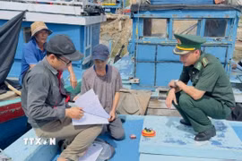 Lực lượng chức năng tỉnh Quảng Ngãi kiểm tra giấy tờ tàu cá. (Ảnh: TTXVN phát)