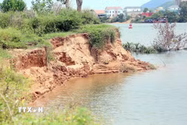 Một điểm sạt lở tại bờ sông Gianh, đoạn chảy qua thôn Xuân Hạ (xã Tuyên Hoá, tỉnh Quảng Trị). (Ảnh: Tá Chuyên/TTXVN)