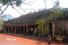 Khu Đại đình (hay còn gọi là Đình chính) có mặt bằng kiến trúc hình chữ Đinh bề thế, gồm căn nhà 5 gian, 2 chái, 4 mái cong, mái lợp ngói mũi, diện tích khoảng 210m2. (Ảnh: Hoa Mai/TTXVN)