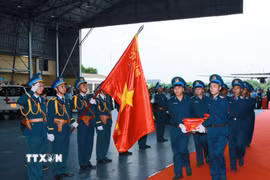 Nghi thức trang trọng chuyển mẫu hài cốt liệt sỹ từ máy bay xuống tại Sân bay Gia Lâm để làm lễ dâng hương tưởng niệm. (Ảnh: Trọng Đức/TTXVN)