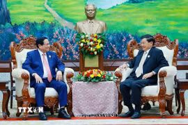 Thủ tướng Phạm Minh Chính hội kiến Tổng Bí thư, Chủ tịch nước Lào Thongloun Sisoulith. (Ảnh: Dương Giang/TTXVN)
