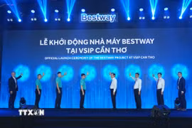 Lãnh đạo thành phố Cần Thơ và Tập đoàn Bestway thực hiện nghi thức đặt tay khởi động dự án. (Ảnh: Thanh Liêm/TTXVN)