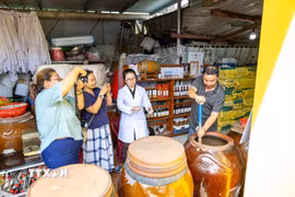 Du khách tìm hiểu quy trình ủ chượp nước mắm tại làng Nam Ô, phường Hải Vân, thành phố Đà Nẵng. Nhiều người kỳ vọng phát triển du lịch trải nghiệm sẽ góp phần nâng cao giá trị làng nghề. (Ảnh: Xuân Quý/TTXVN)