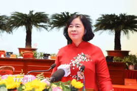 Bà Bùi Thị Minh Hoài, Ủy viên Bộ Chính trị, Bí thư Thành ủy Hà Nội khóa XVII tái đắc cử Bí thư Thành ủy Hà Nội khóa XVIII, nhiệm kỳ 2025-2030. (Ảnh: Văn Điệp/TTXVN)