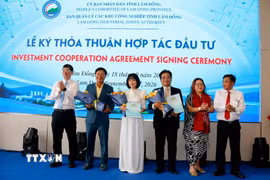 Trao hoa chúc mừng doanh nghiệp ký thỏa thuận hợp tác đầu tư tại Hội nghị xúc tiến đầu tư vào các khu công nghiệp Lâm Đồng năm 2026. (Ảnh: Nguyễn Thanh/TTXVN)